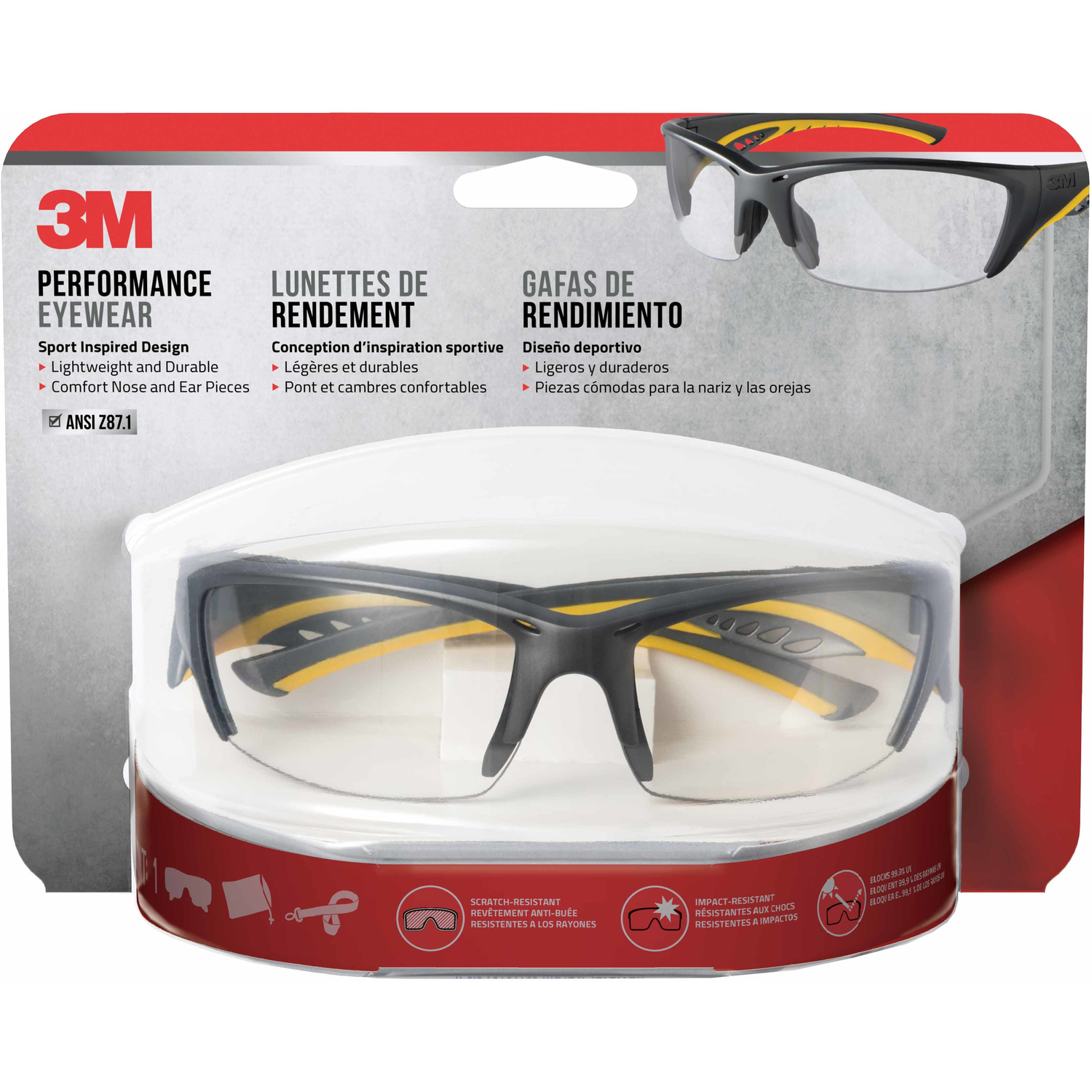 3M Anti-Fog Modern/Sleek Impact-Resistant Safety Glasses Clear Lens Gray/Yellow Frame 1 pc