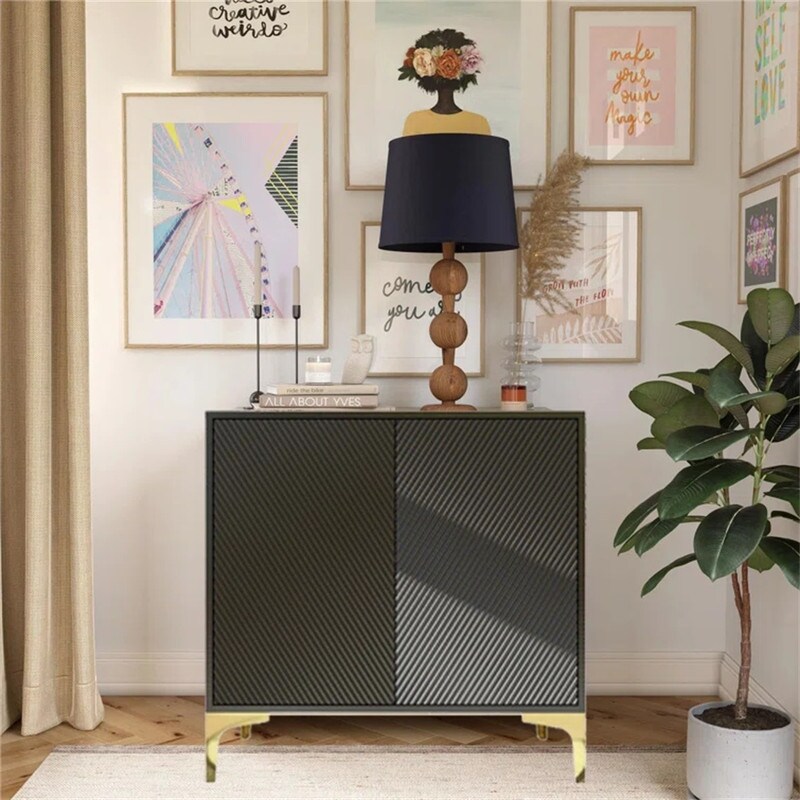 Modern Storage Cabinet with 2 Doors  Sideboard Buffet Cabinet with Gold Metal Legs  Accent Entryway Table