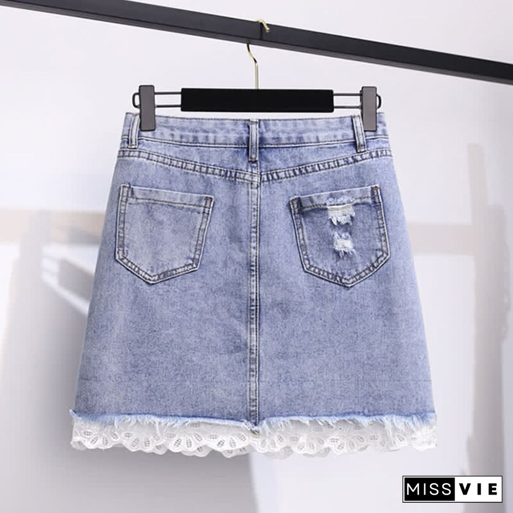 Doll Collar Bowknot Knitted T-Shirt High Waist Denim Skirt