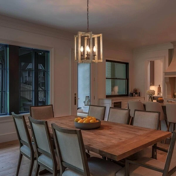 Farmhouse 4-Light Rustic Wood Geometric Chandelier Lantern Island Lights - 12.5'' L x 12.5'' W x 17'' H Shopping - The Best Deals on Chandeliers