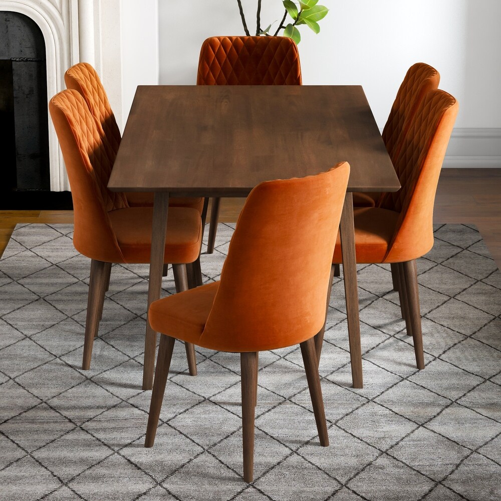 Artemsis 7 Piece Mid Century Dining Set w/6 Velvet Dining Chairs in Burnt Orange