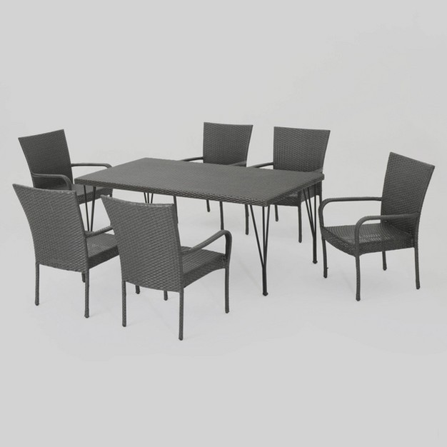 Nash 7pc Wicker Dining Set Gray Christopher Knight Home Weather resistant Iron Frame 6 Armchairs amp Rectangular Table