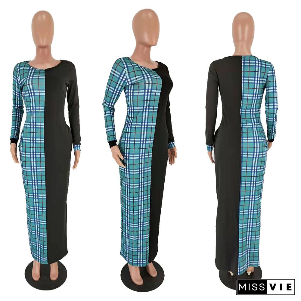 Stylish Plaid Printed Patchwork Skinny Ankle-length Maxi Dress