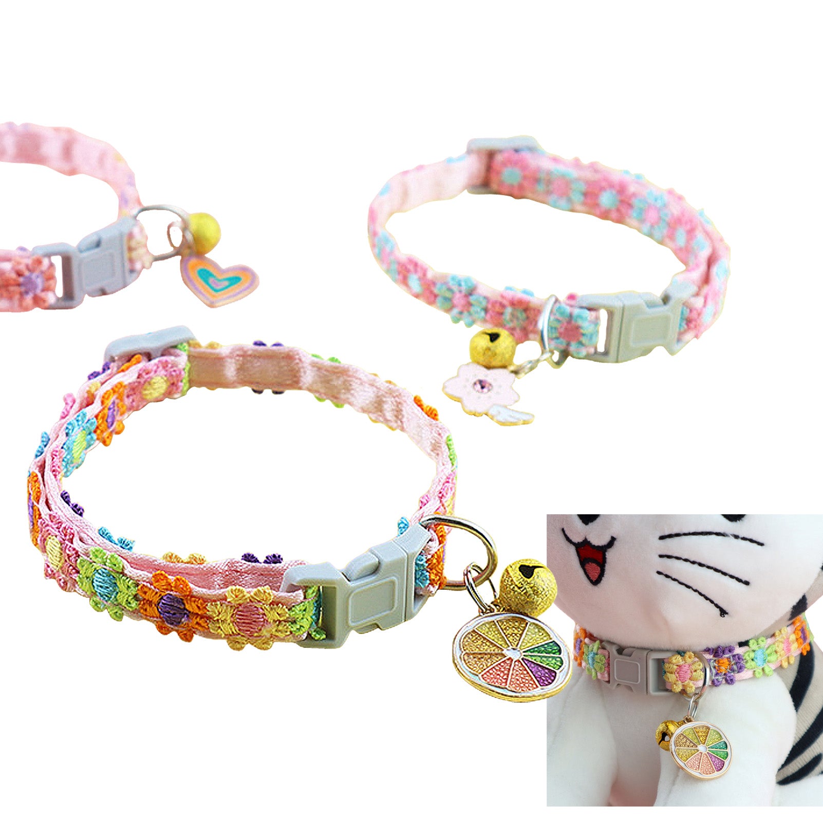 CHBORLESS 3 Pcs Colourful Flowers Cat Collar with Bell Adjustable Kitten Collar