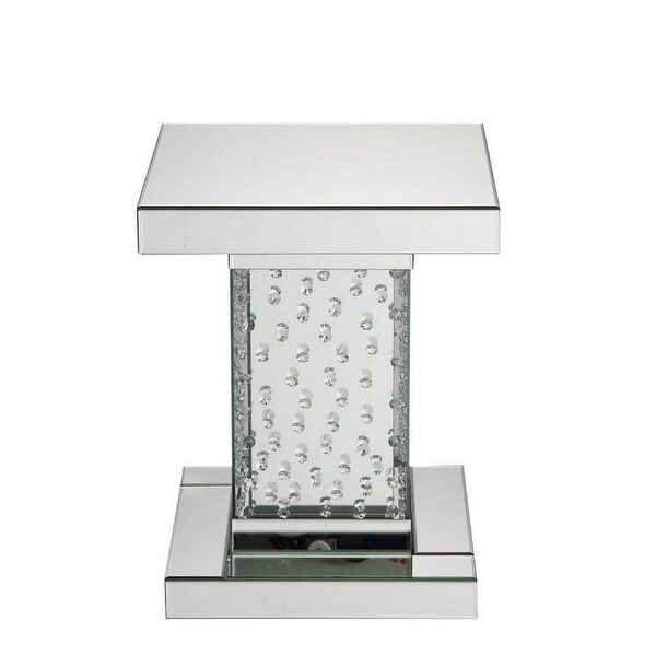 Pali 20 Inch Square Pedestal End Table， Mirrored， Faux Crystal Inlay， Silver - 16