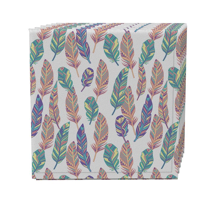 Napkin Set of 4， 100% Cotton， 20x20， Doodle Patterned Feathers