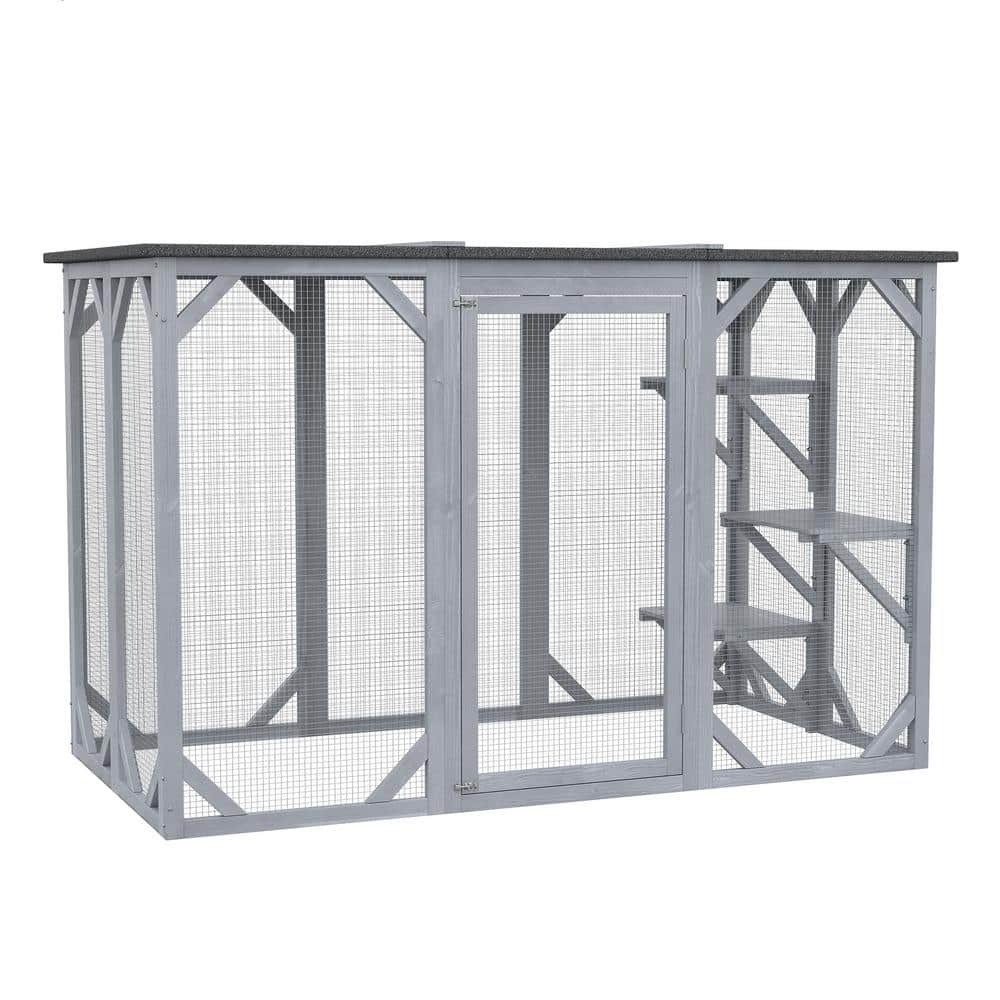 PawHut 71 in. L Grey Wooden Outdoor Cat House with Asphalt Roof, Multi-Level Platforms, and Large Enter Door D32-002GY