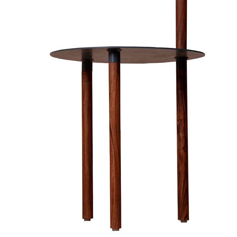 29 Inch Round Metal Top End Table with Inbuilt Wooden Pole， Brown and Black