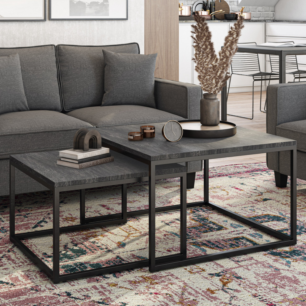 Fort Worth Square Wood Grain Finish Nesting Coffee Tables with Metal Legs   Industrial   Coffee Table Sets   by CorLiving Distribution LLC  Houzz