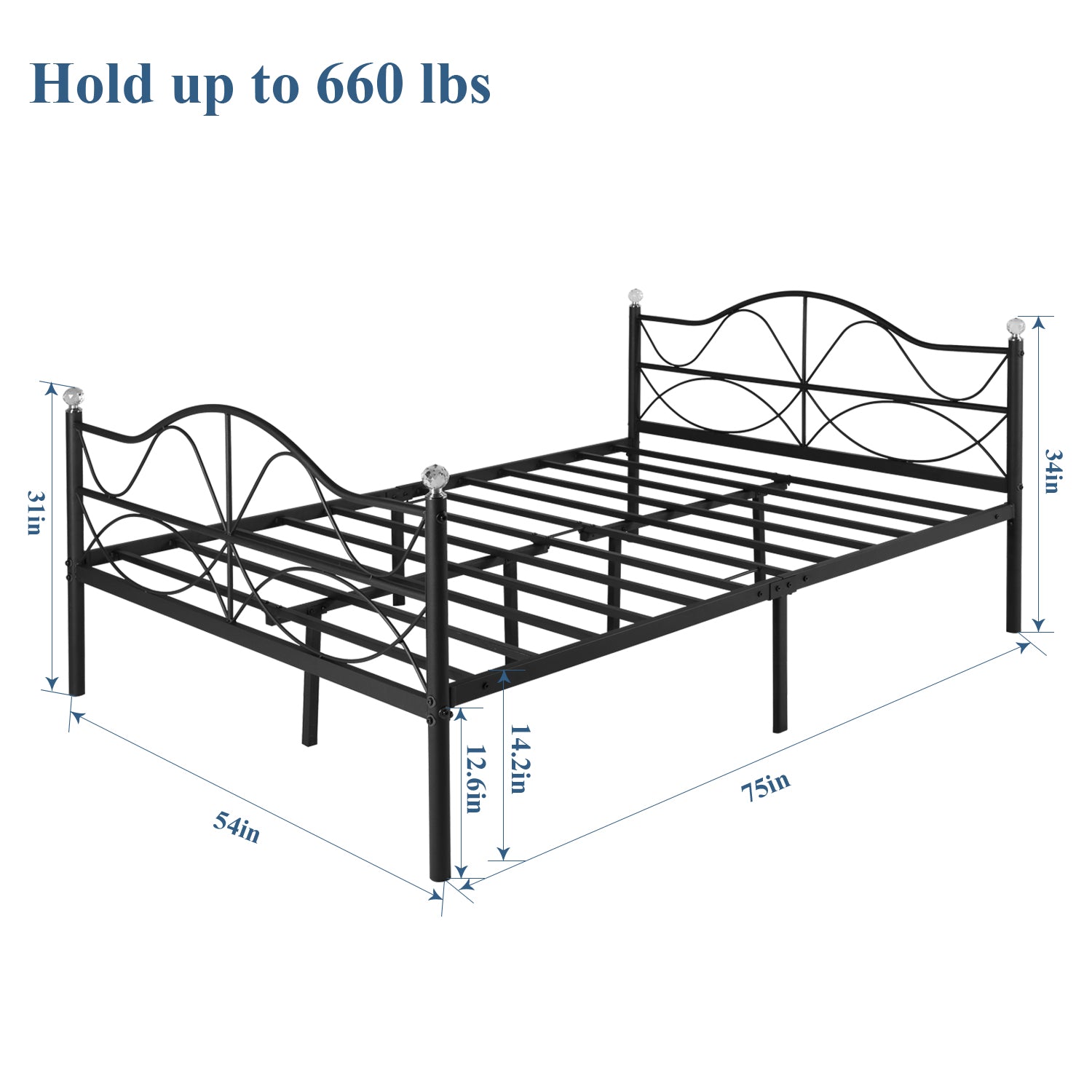 Victorian Twin Size Platform Bed Frame with Headboard and Footboard, Metal Slats Support, Black