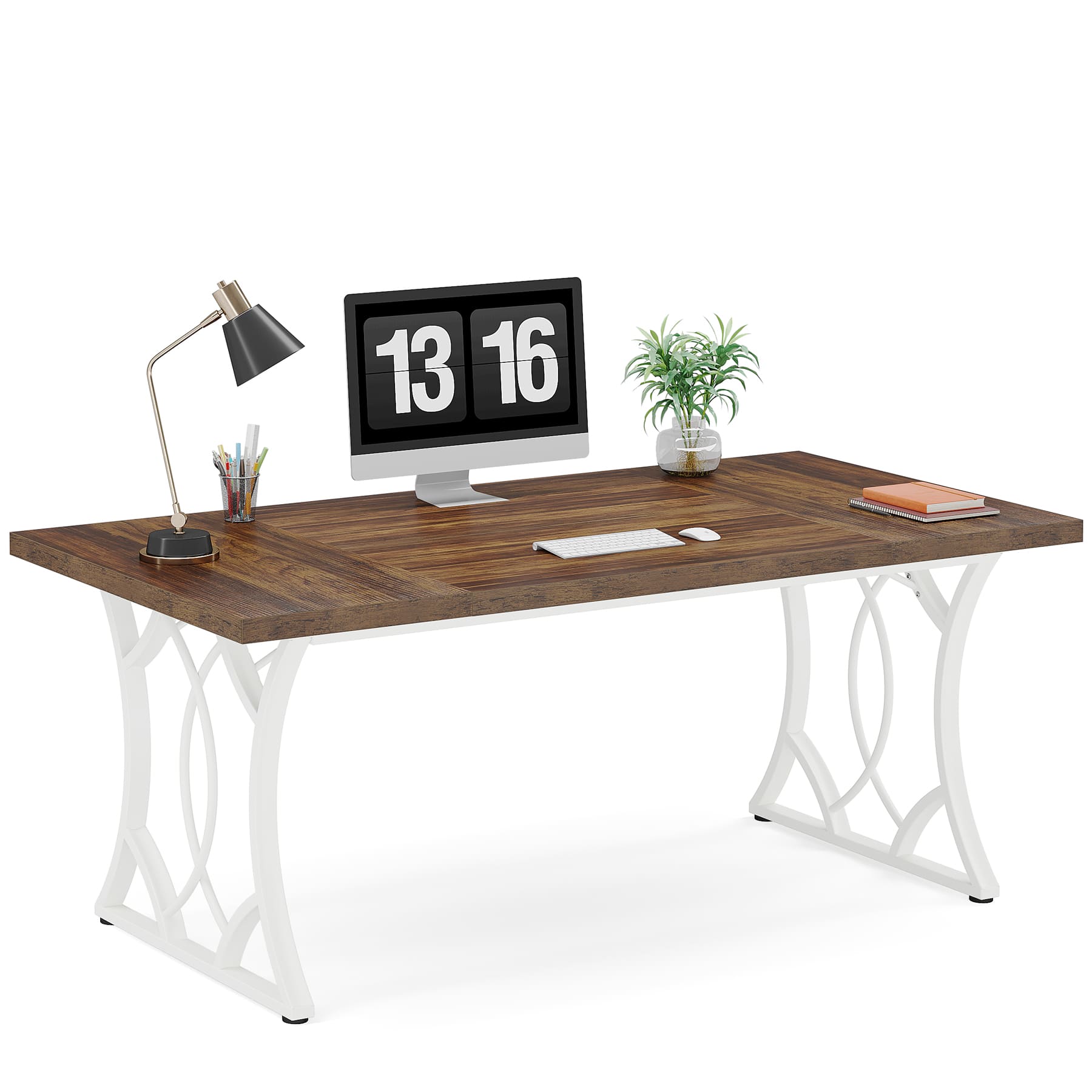 63-Inch Executive Desk, Industrial Computer Desk with Wooden Tabletop