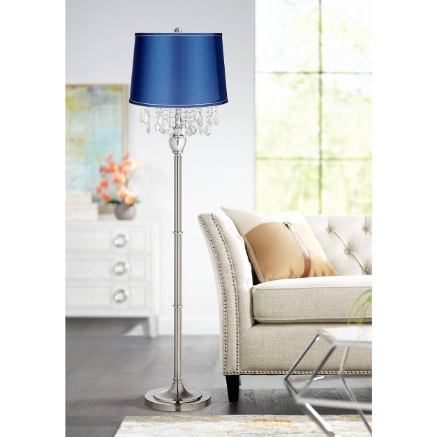 Tall Brushed Nickel Silver Crystals Medium Blue Satin Drum Shade For Living Room Bedroom Office House