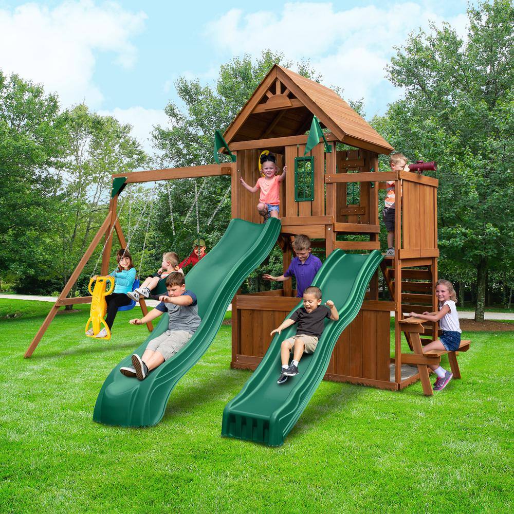 Swing-N-Slide Playsets KnightsBridge Deluxe Complete Wooden Outdoor Playset with Slides Swings and Backyard Swing Set Accessories WS 8353