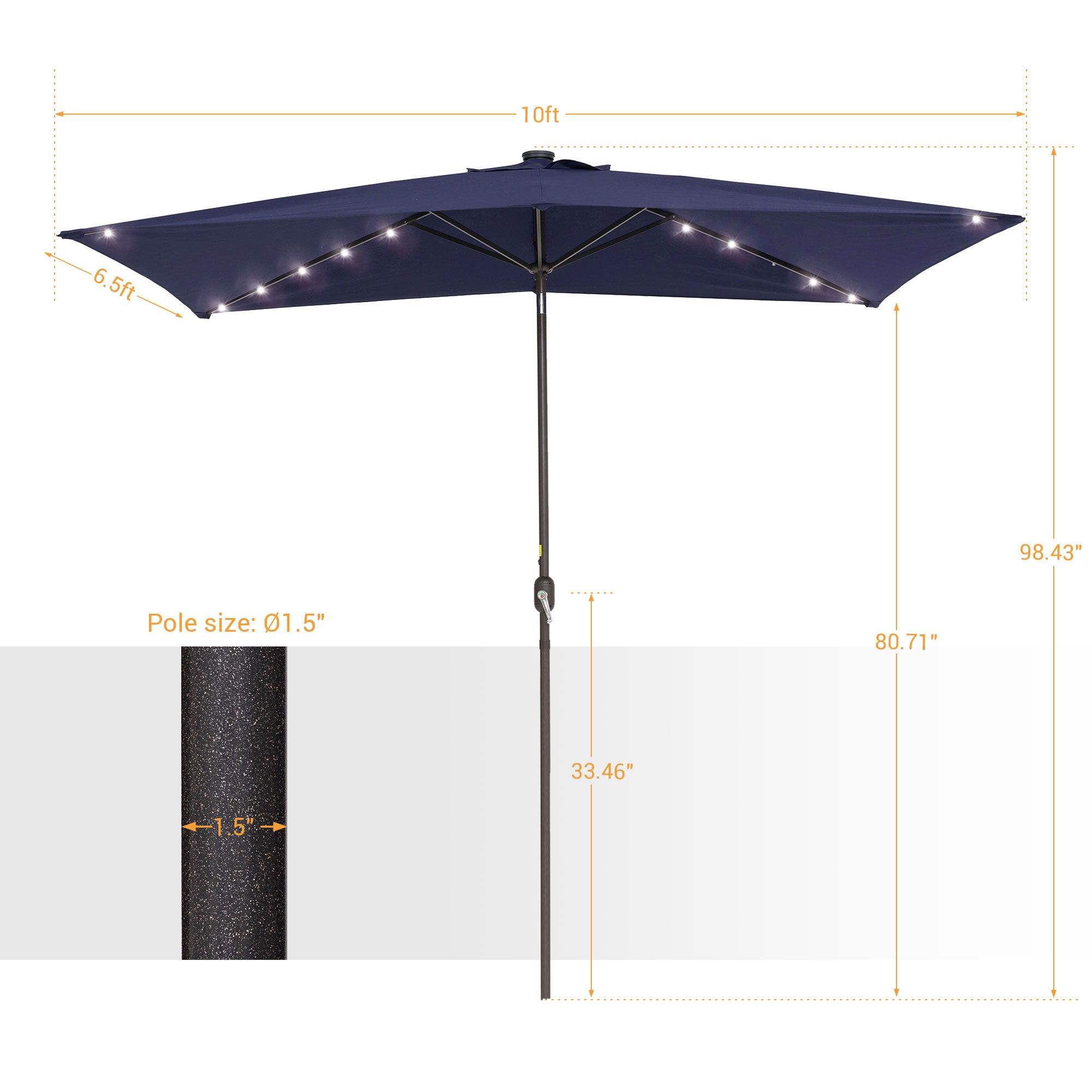 Sonerlic 10 x 6.5ft LED Solar Outdoor Patio Rectangle Table Umbrellas with Non-Fading Canopy for Garden and Yard,Navy Blue