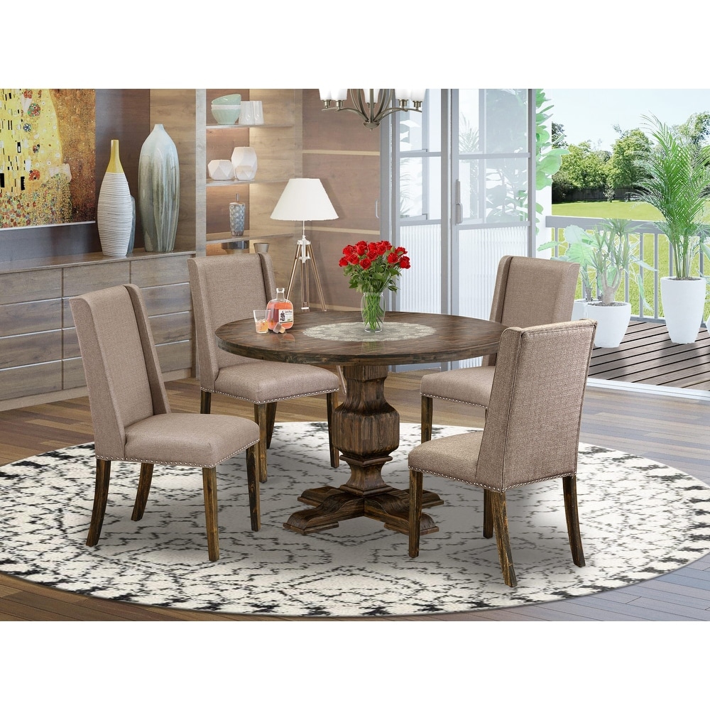 East West Furniture Table Set  a Round Table and Dark Khaki Linen Fabric Chairs  Distressed Jacobean (Pieces Option)