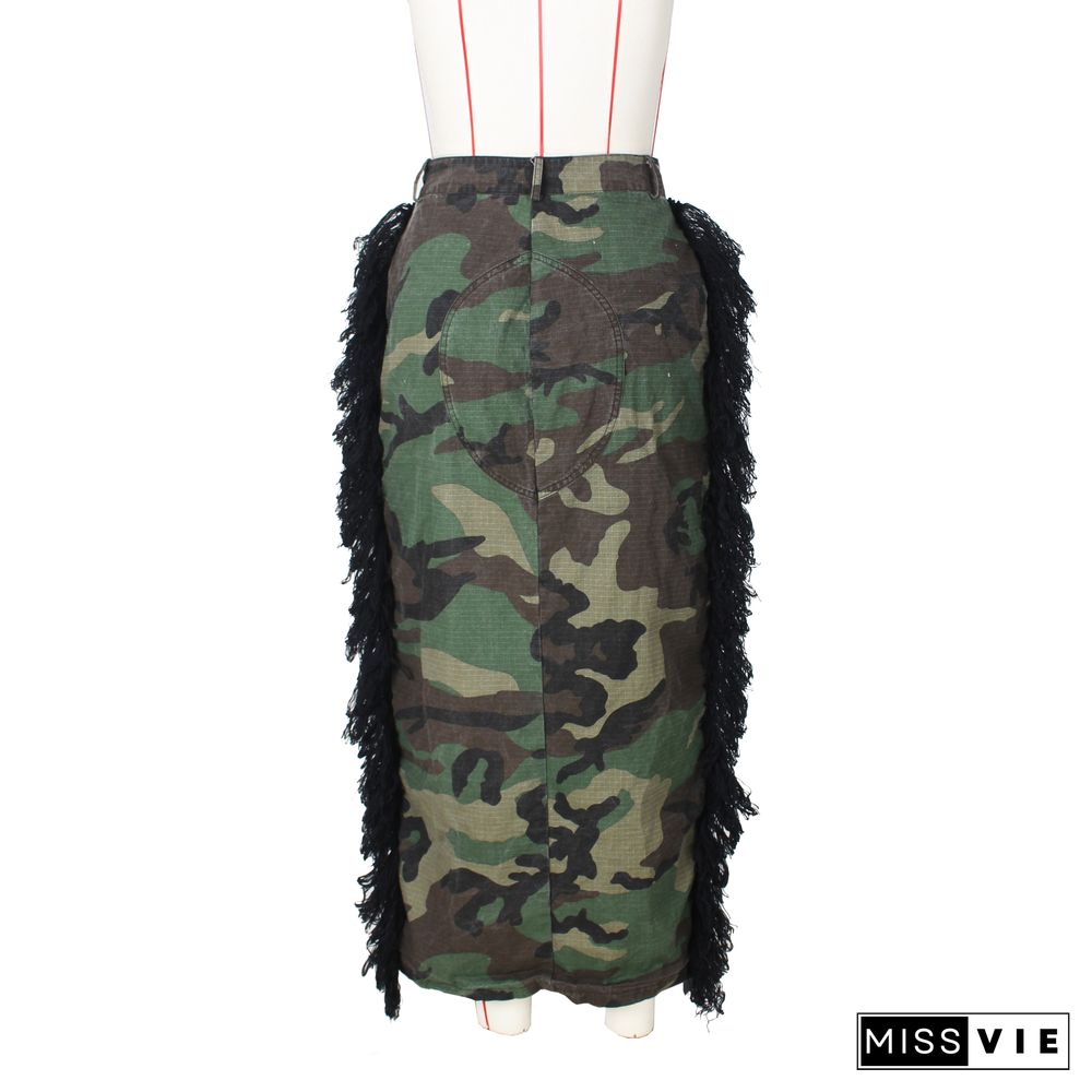 Camo Print Streetwear Tassel Side High Slit Skirt