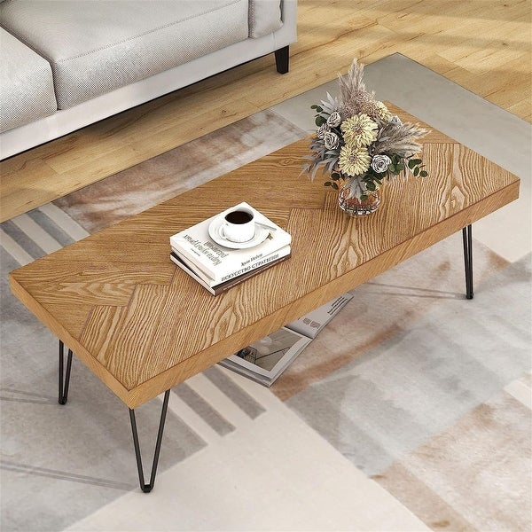 Natural wood coffee table 43.3-inch coffee table with chevron pattern and metal hairpin legs