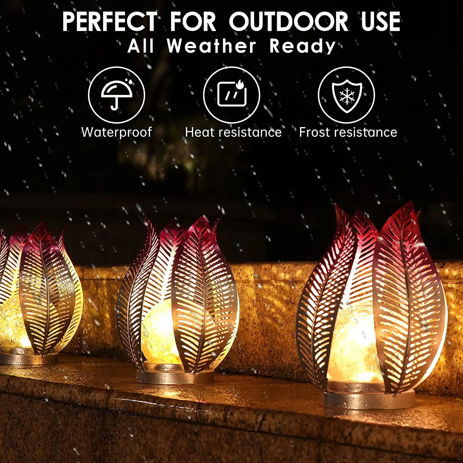 2023 Retro Solar Lanterns Tabletop Outdoor Waterproof Metal White Palm Leaf LED Solar Lights