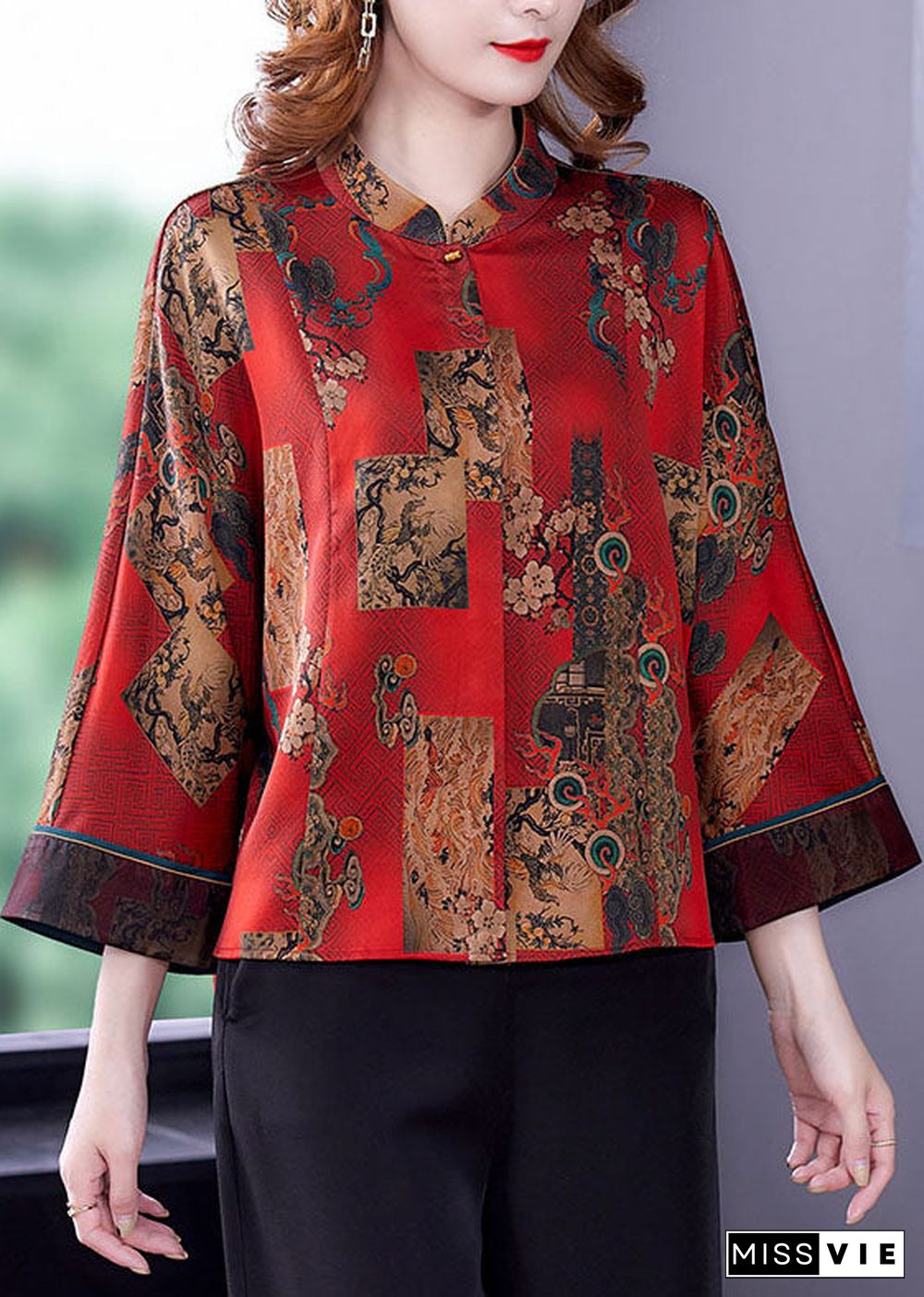 Handmade Red Original Design Mandarin Collar Print Silk Blouses Long Sleeve