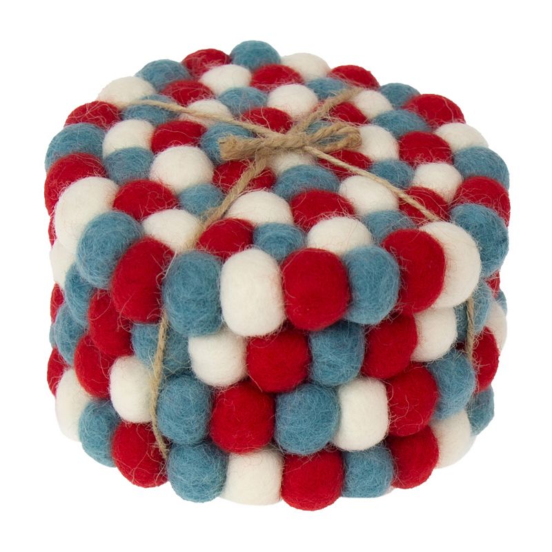 Global Crafts Handmade Felt Kai Red and Blue Felt Ball Coasters， Set of 4