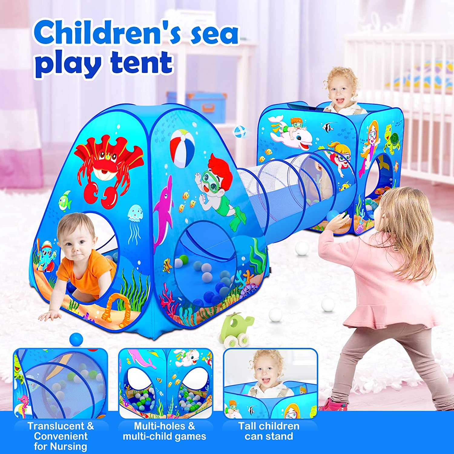 5 Piece Kids Play Tent and Play Tunnel for Toddler, Premium Ocean Kids Playhouse with 1 Baby Ball Pit, 2 Kids Play Tunnels, 2 Pop Up Tents, Kids Toys for Indoor and Outdoor Play