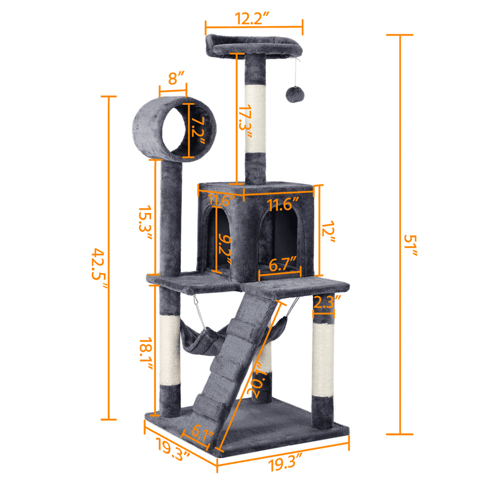 Yaheetech 51'' Cat Tree Condo Multilevel Cat Towers W/ Hammock Tunnel Scratching Post， Dark Gray