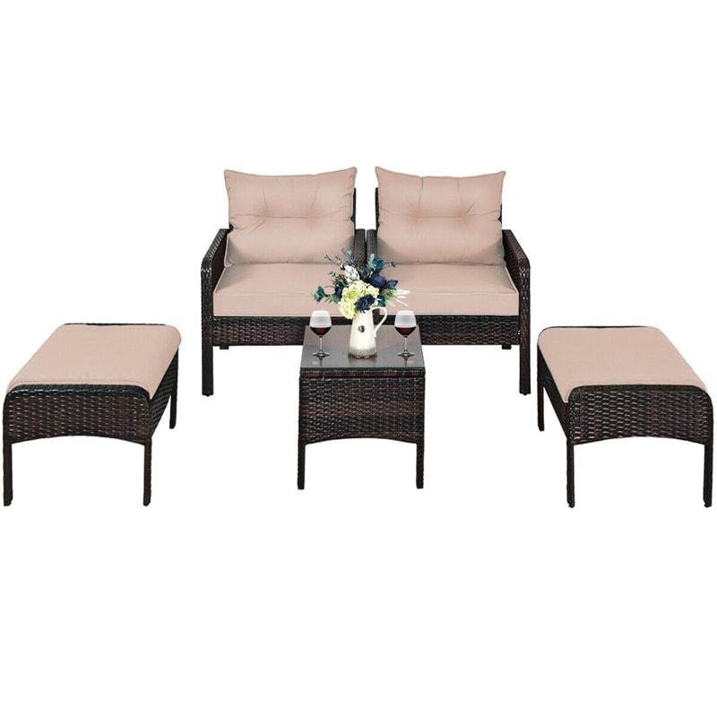 5 Pcs Rattan Patio Conversation Sets with Ottomans & Coffee Table, Wicker Outdoor Bistro Set