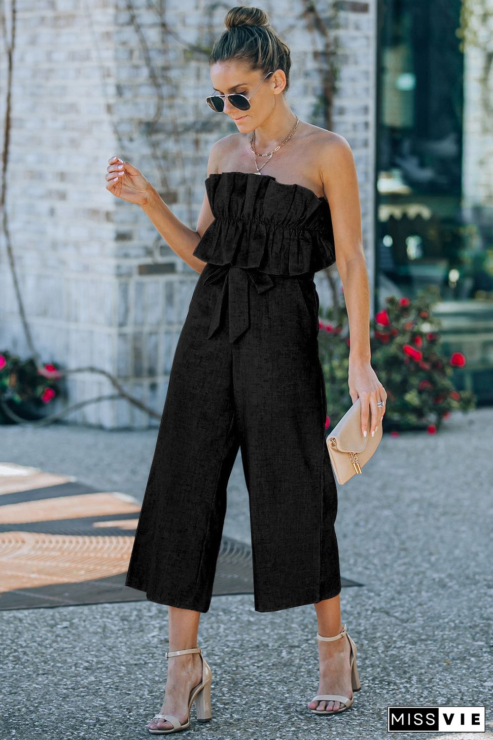 Ruffled Strapless Wide Leg Jumpsuit