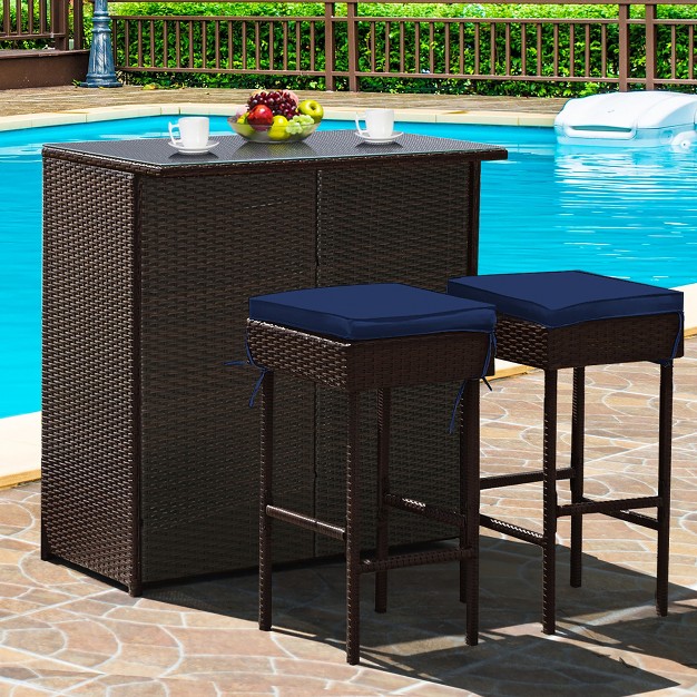 Costway Patio 3pcs Rattan Bar Table Stool Set Cushioned Chairs With Cover