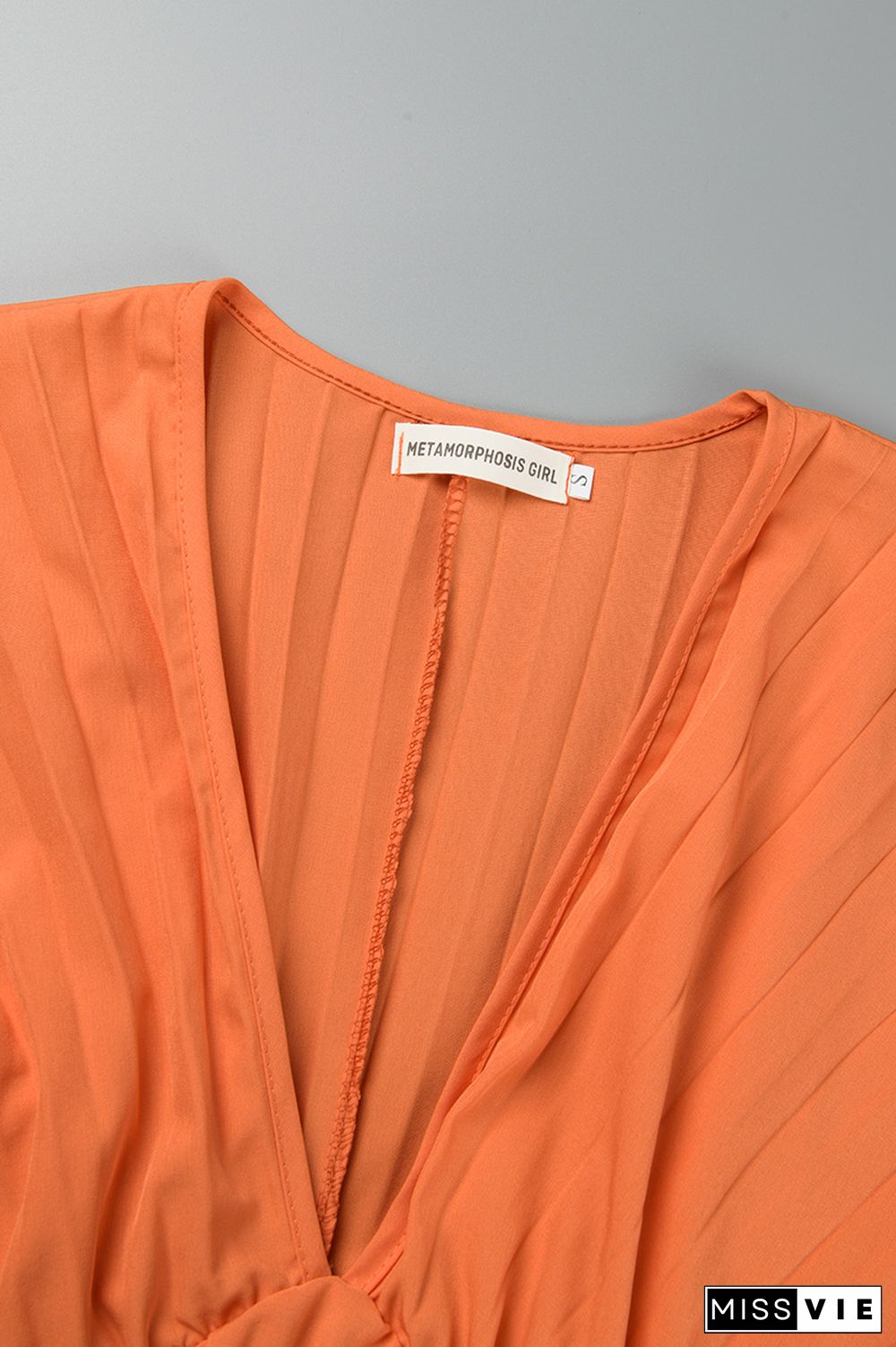 Orange Casual Solid Patchwork V Neck Pleated Dresses