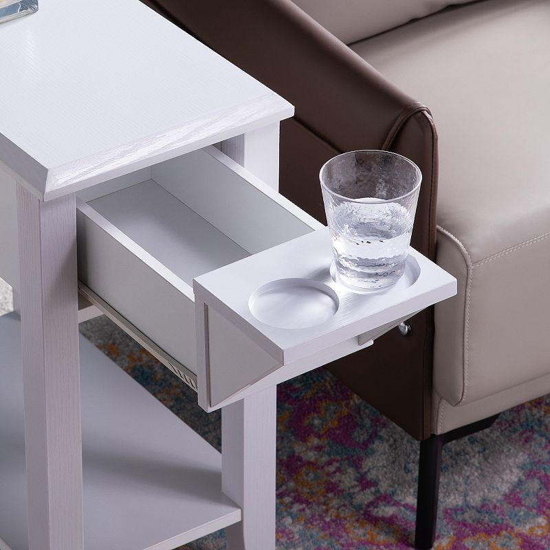 FC Design White Chairside Table with 2 Cupholders， Extendable Drawer and Bottom Shelf