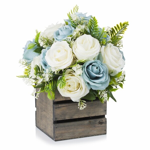 Enova Home 18 Heads Mixed Artificial Silk Roses Fake Flowers Arrangement with Wood Planter for Home Office Wedding Decoration