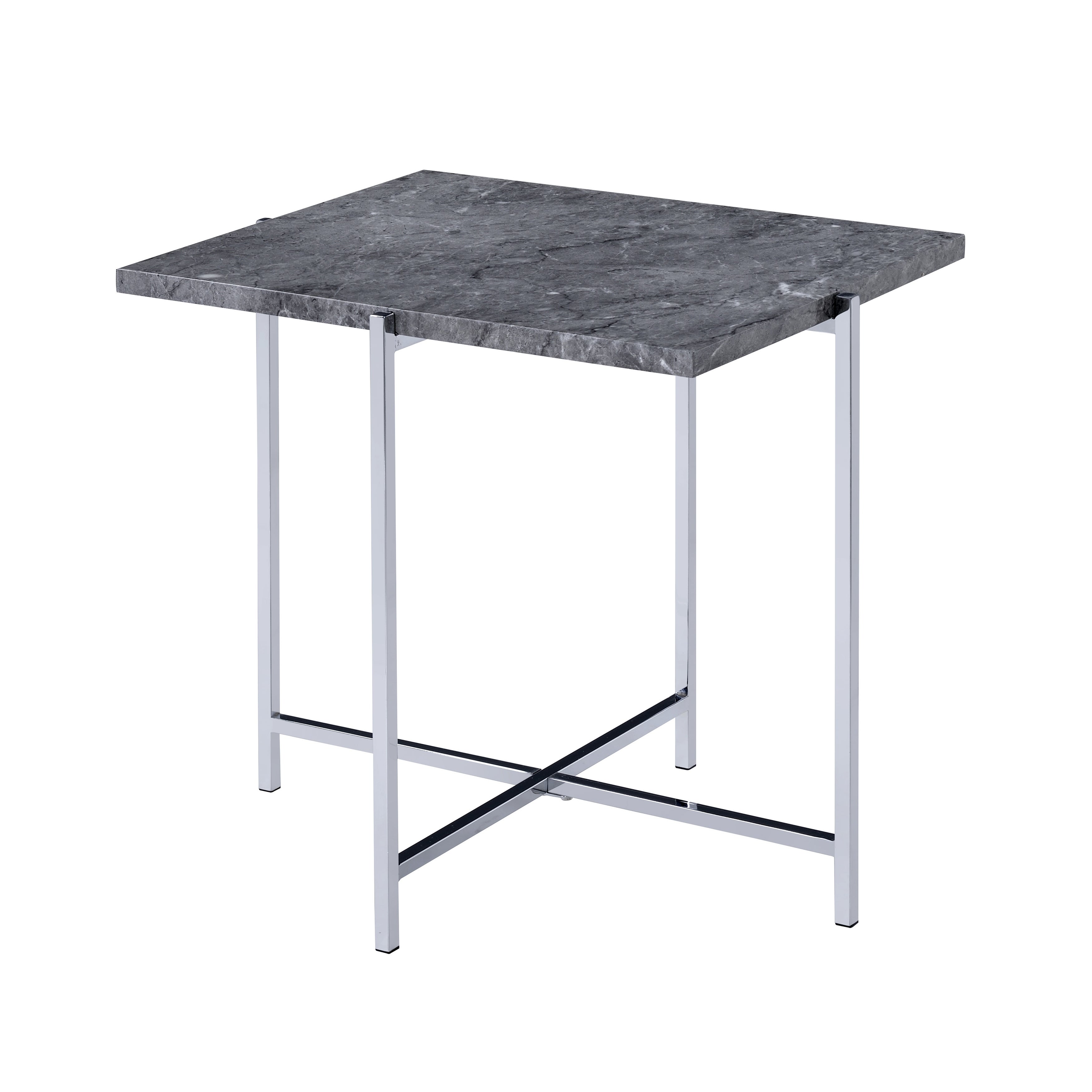 Contemporary Marble Top End Table with Trestle Base ， Gray and Silver