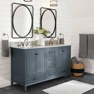 Home Decorators Collection Merryfield 61 in. W x 22 in. D x 35 in. H Freestanding Bath Vanity in Dark Blue-Gray with Carrara White Marble Top 19112-VS61-DG