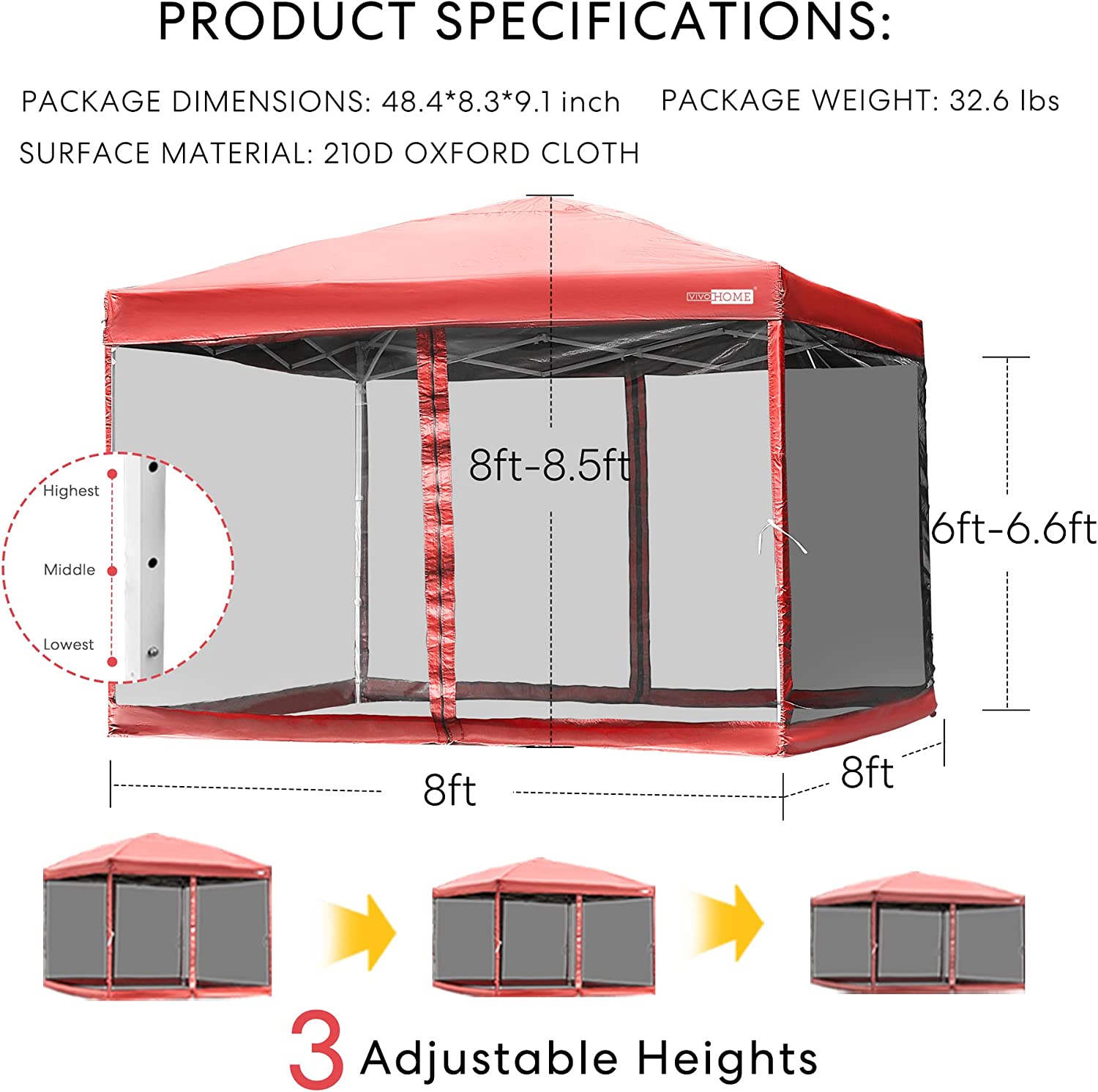 VIVOHOME 210D Oxford Outdoor Easy Pop Up Canopy Screen Party Tent with Mesh Side Walls (8 x 8 FT, Red)