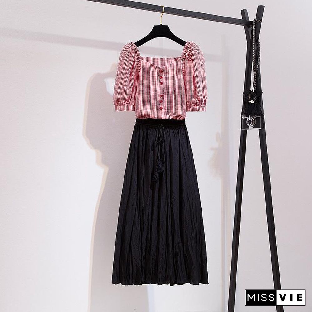 Square Collar Plaid Tee+Skirt P15452