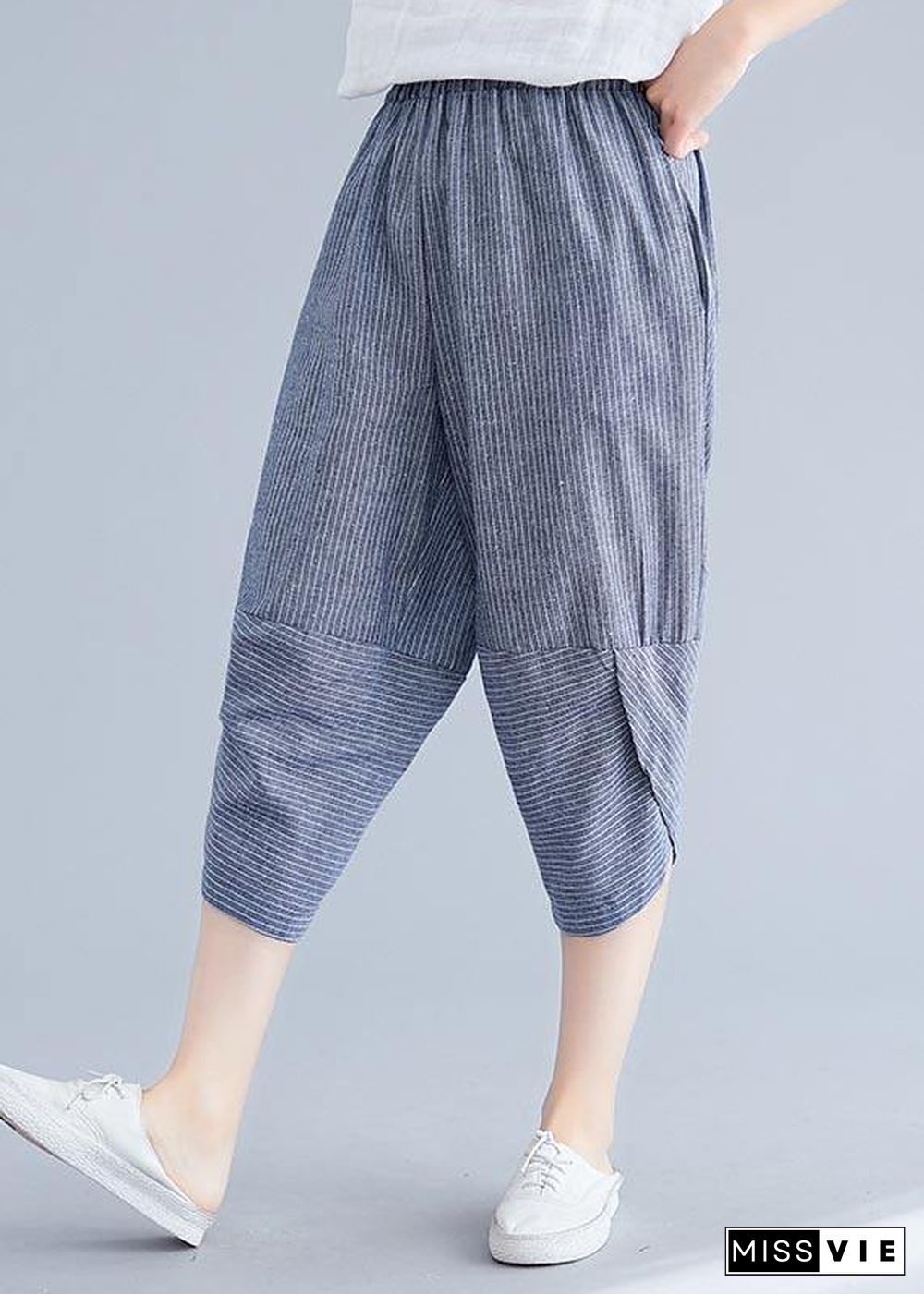 Boutique Navy Striped Patchwork Summer Cotton Linen Pants