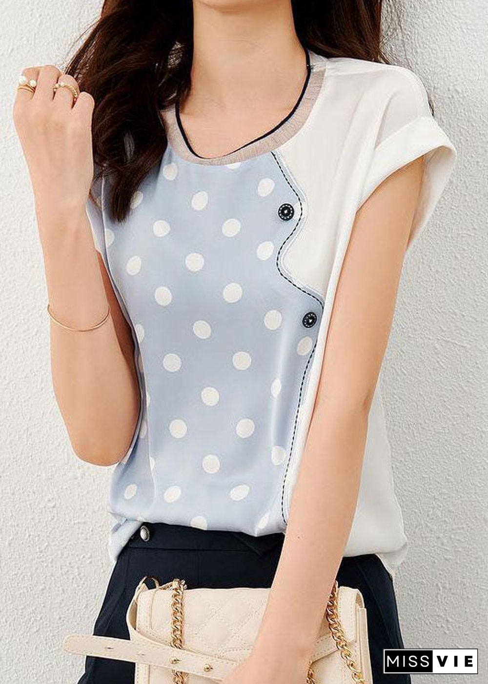 Blue Patchwork Print Dot Silk T Shirt O Neck Summer