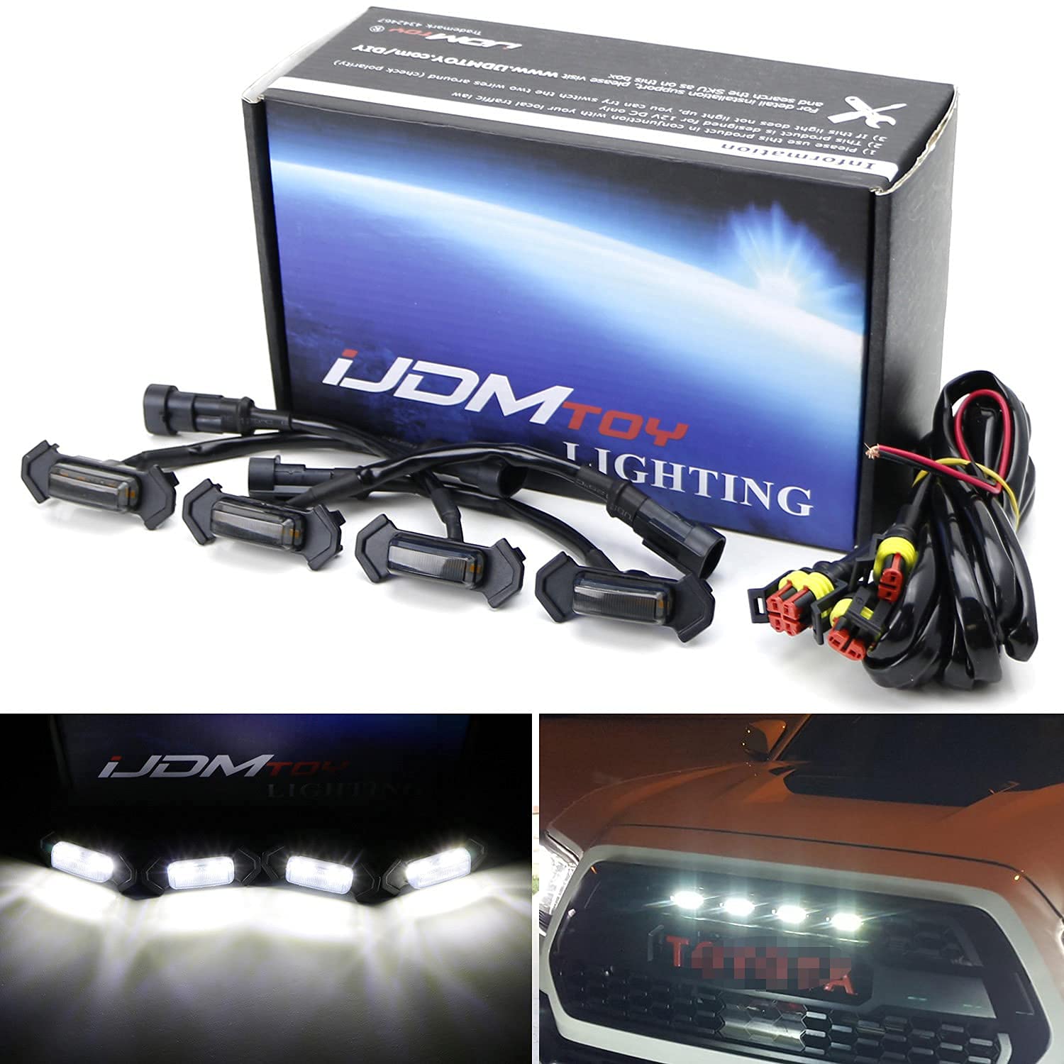 iJDMTOY 4pc Set Smoked Lens Front Grille Lighting Kit Compatible With 2016-up Toyota Tacoma w/TRD Pro Grill ONLY， Includes (4) 4-SMD 6000K White LED Light Assy and Wiring Harness