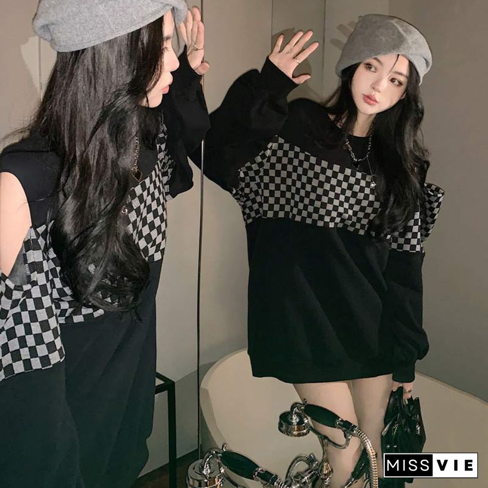 Lattice Print Cold Shoulder Loose Sweatshirt