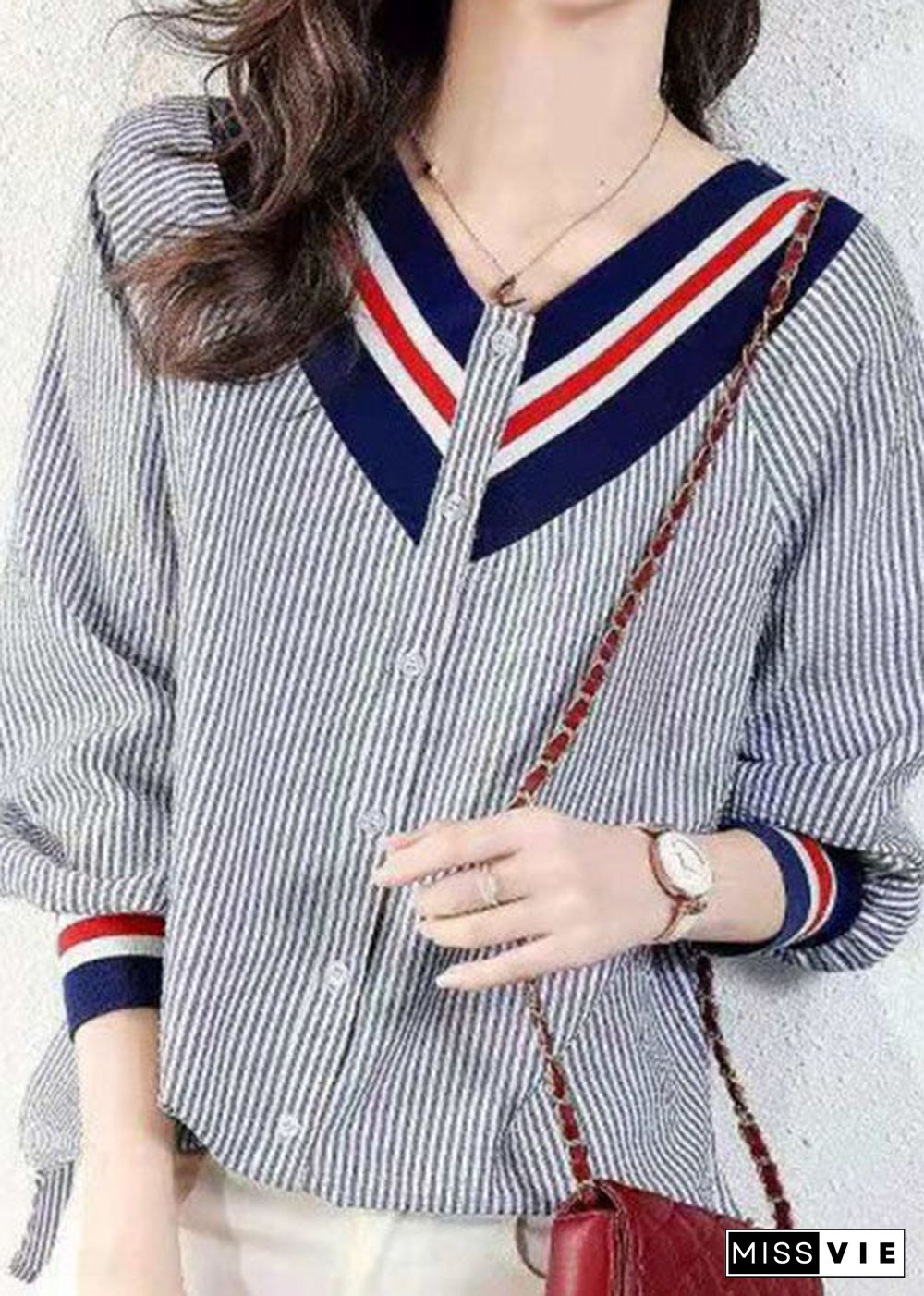 Handmade Pink V Neck Striped Cotton Blouses Spring