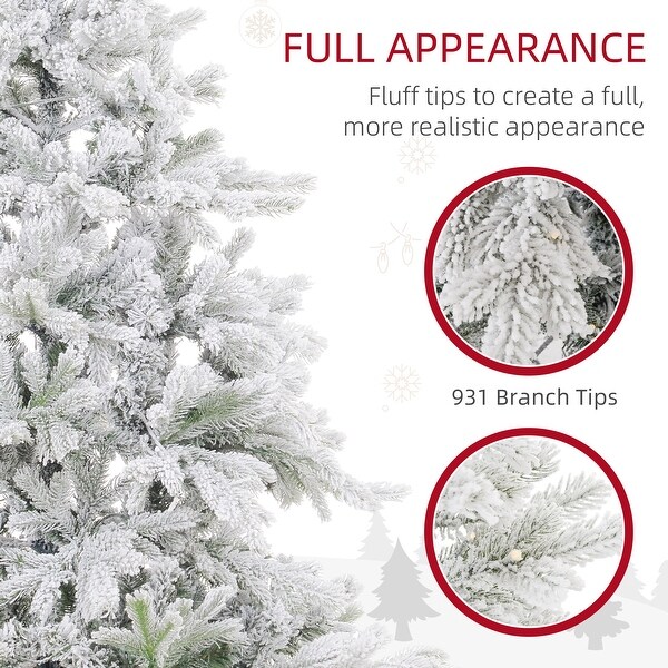 HOMCOM 6ft Prelit Snow Flocked Artificial Christmas Tree with Warm White LED Light and 1321 Tips，Metal Base