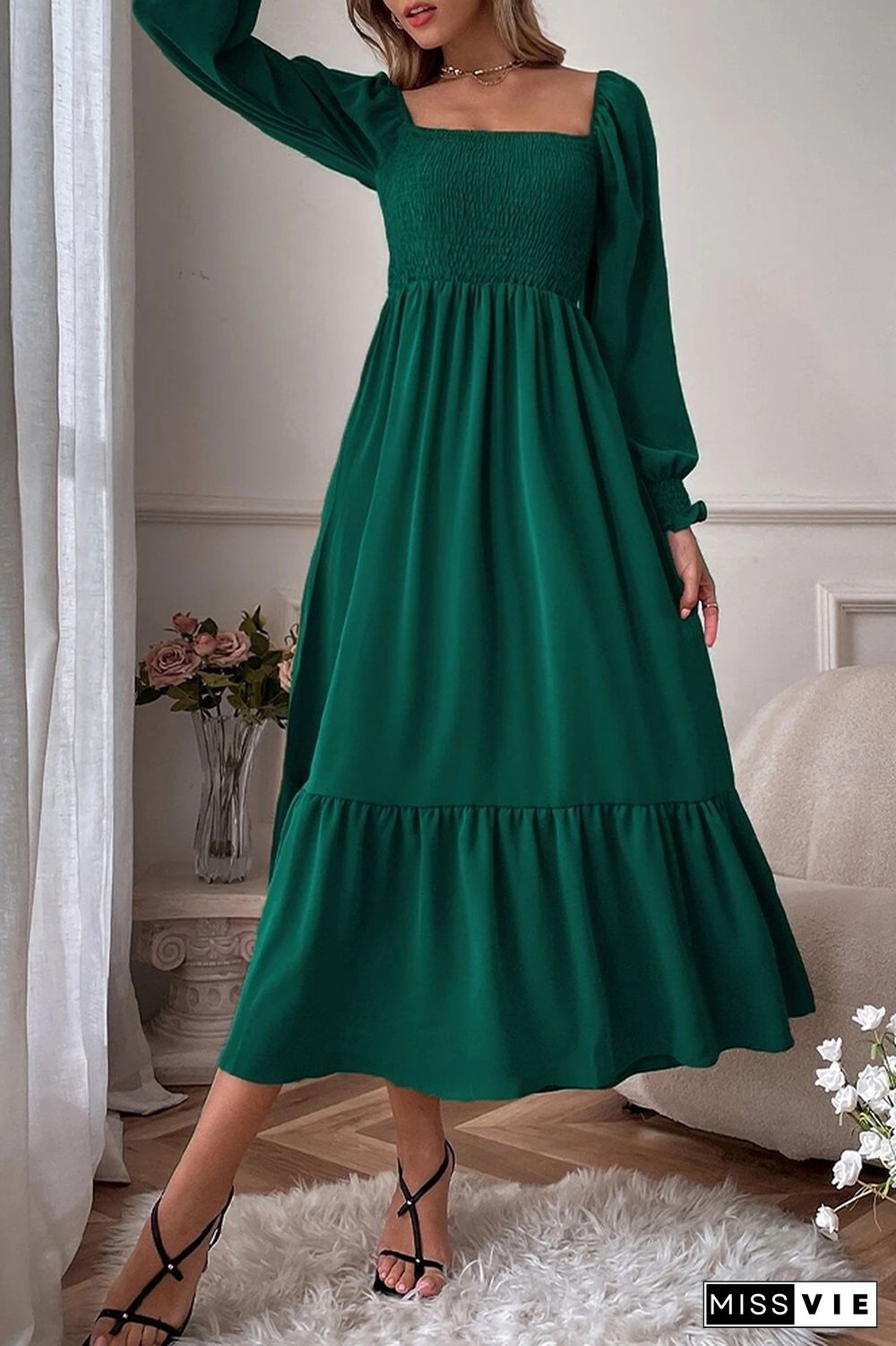 Square Neck Puff Sleeves Ruffle Long Dress