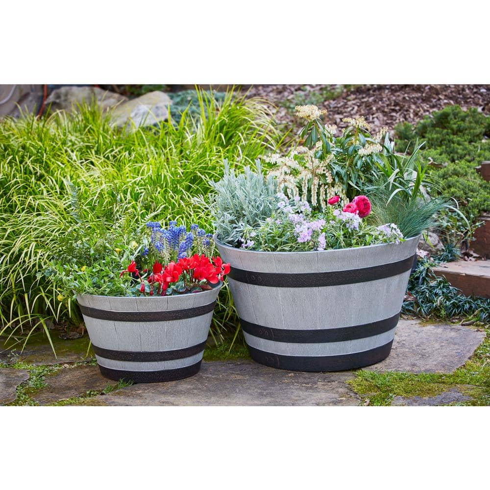 Southern Patio 22.24 in. Dia x 13 in. H 59 qt. Birchwood Gray High-Density Resin Whiskey Barrel Outdoor Planter HDR-055488