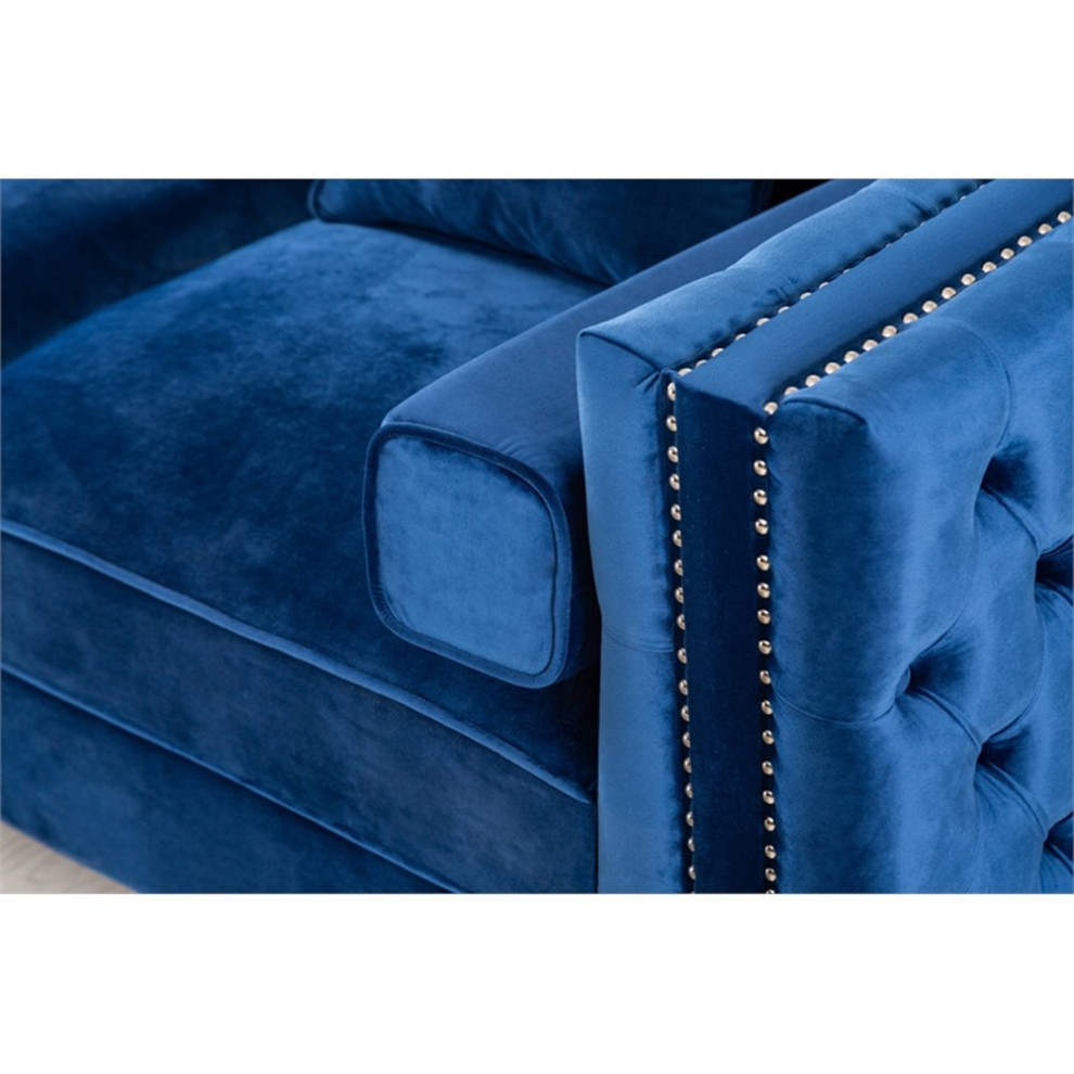 Legend Vansen 104 quotModern Wood  ampVelvet Fabric Sofa with Ottoman in Blue   Midcentury   Sectional Sofas   by Homesquare  Houzz