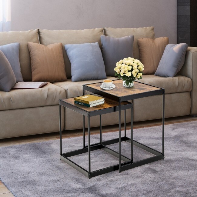 Set of 2 Modern Nesting Tables with Sturdy Steel Frame for Living Room Rustic Brown   20\