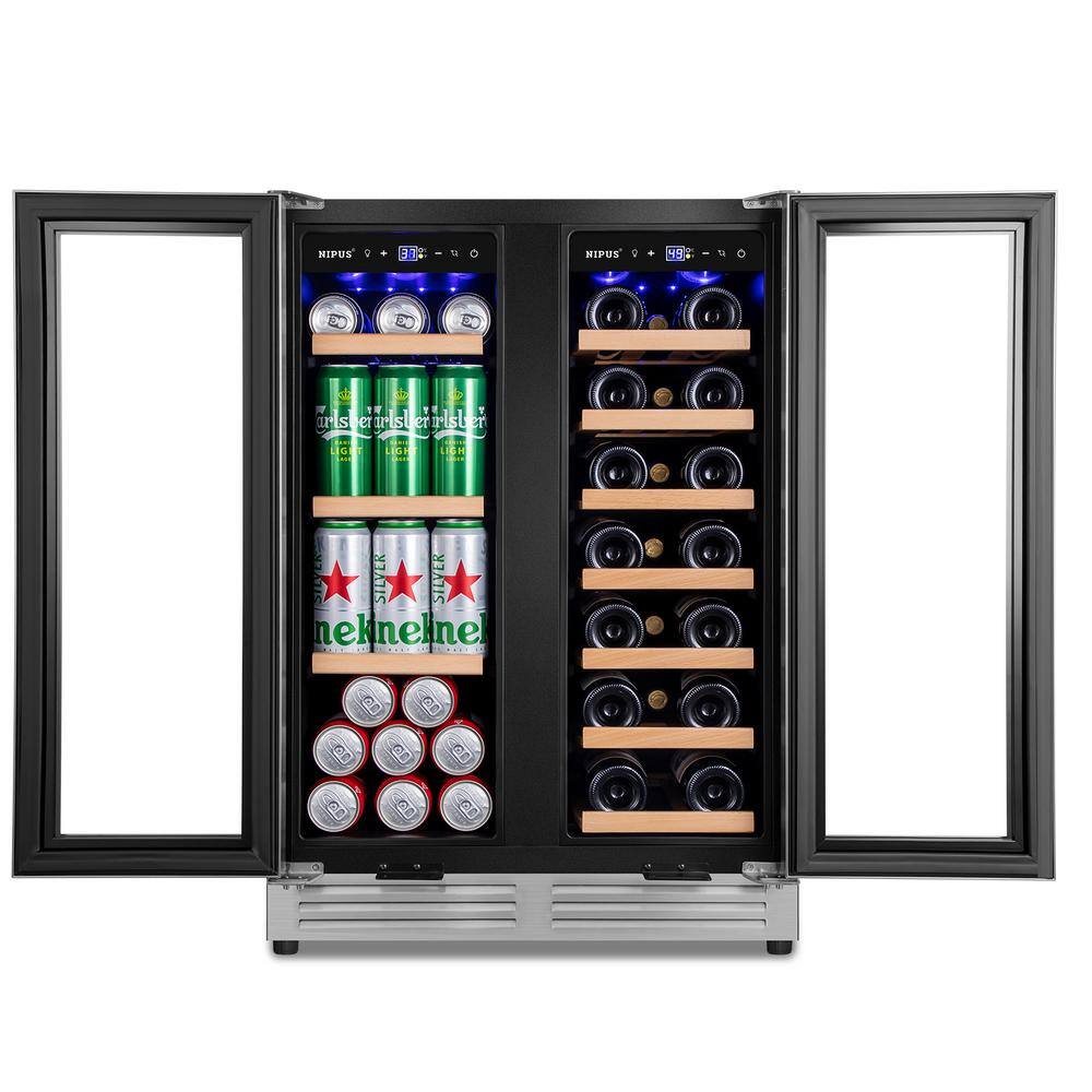 Nipus 24 in. Dual Zone 20-Wine Bottles and 60-Cans Beverage  Wine Cooler in Silver Two Shapes of Door Handle Blue LED Lights NPDUAL02