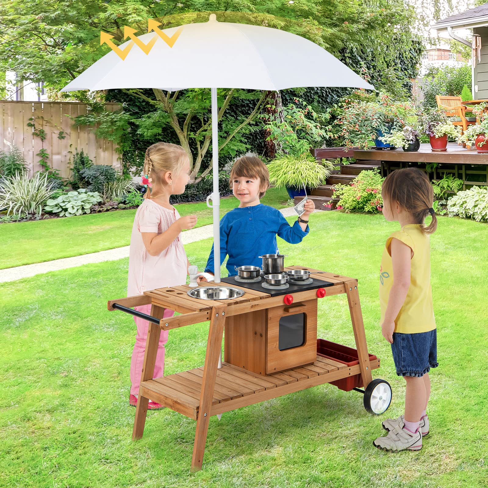 Costzon Kids Kitchen Playset, Indoor & Outdoor Wooden Pretend Cooking Cart with Stove, Sink, Kitchenware, Storage, Removable Umbrella