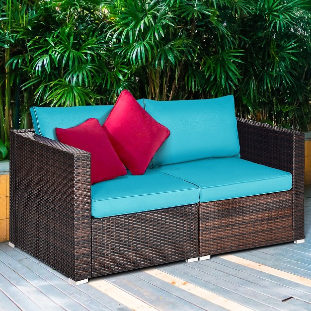 Costway 4pcs Patio Rattan Corner Sofa With Blue Cushion