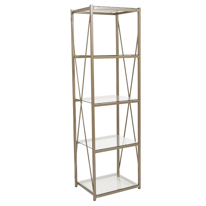 Merrick Lane Doniphan 64 Modern Bookshelf Glass 4-Shelf Bookcase with Powder Coated Matte Gold Cross Braced Frame